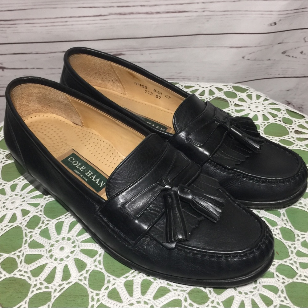 Cole Haan Black Leather Tasseled Moc Loafers